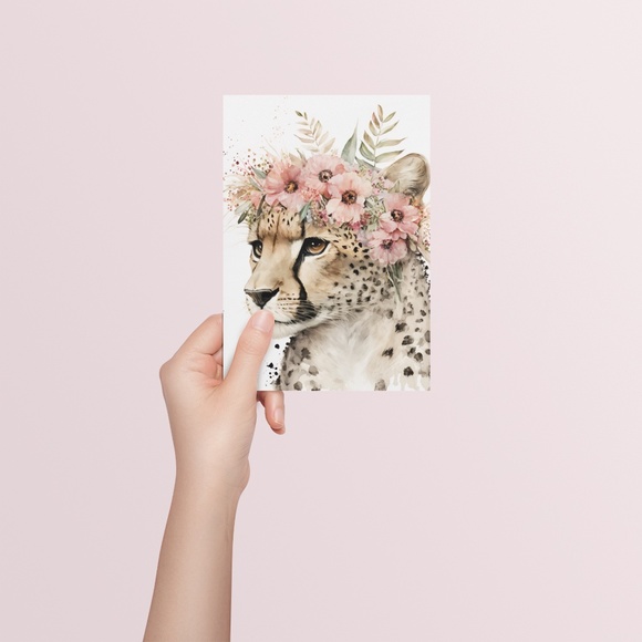 Cute Floral Cheetah Watercolor Wall Art Illustration Print Poster Card Unframed - Picture 5 of 8